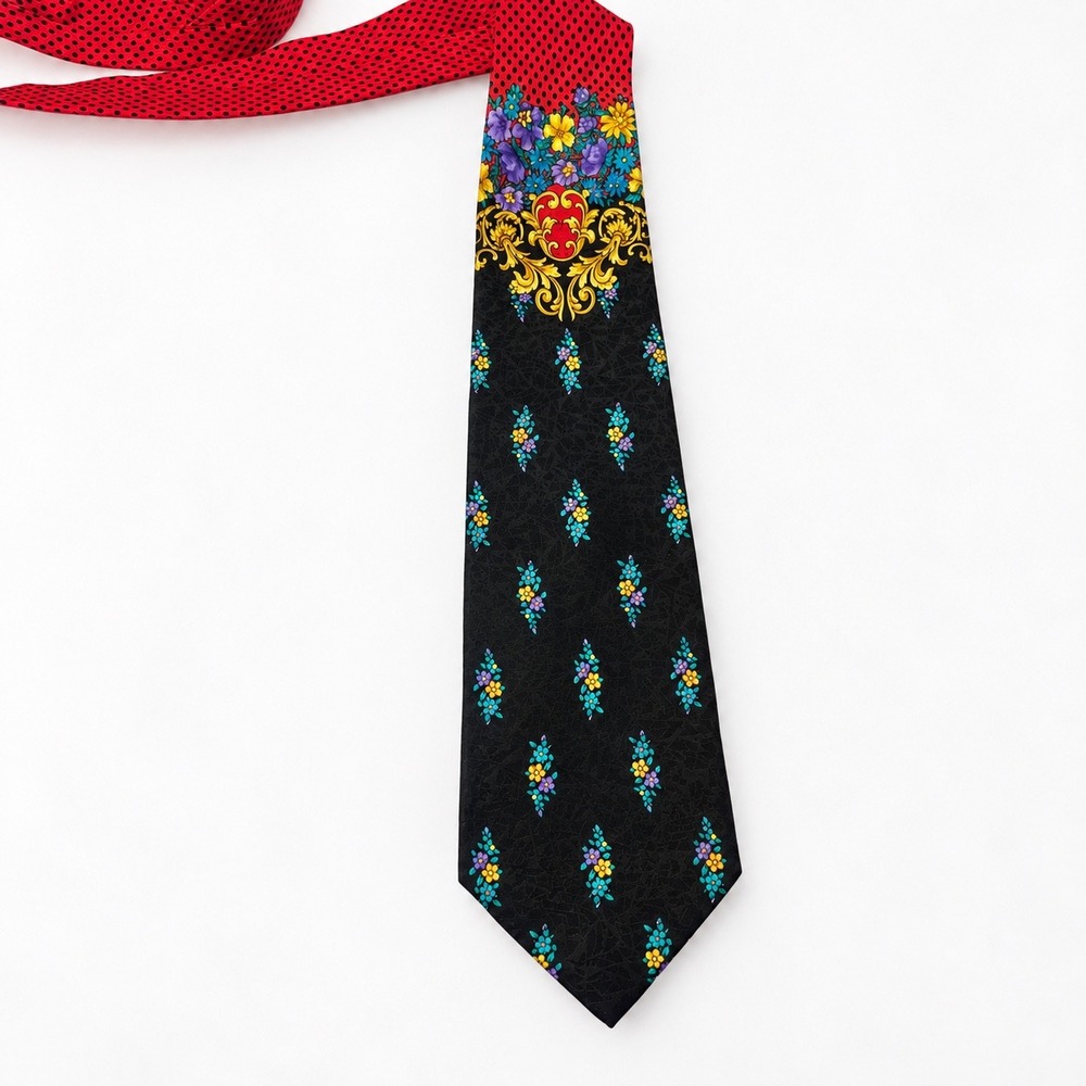 Gianni Versace Silk Tie Red Polka Dot Black Floral Baroque Made in Italy Vintage